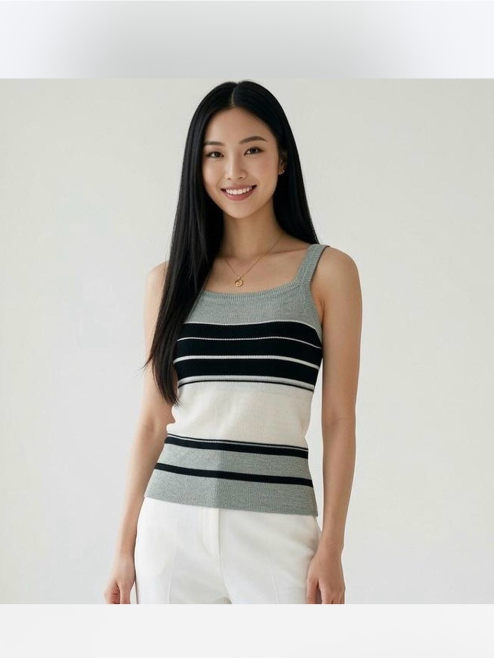 Striped Knit Tank Top in Grey, Black & Cream